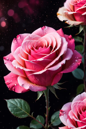 close up roses (( teat shape)) , (red, pink dust  ) , detailed focus, deep bokeh, beautiful, dreamy colors, black dark cosmic background. Visually delightful ,3D,more detail XL , 