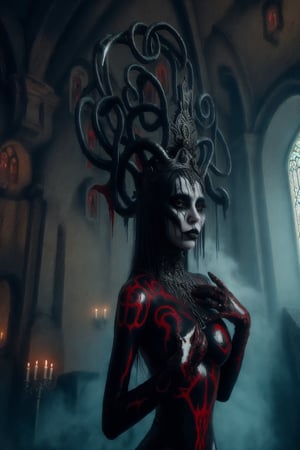 aeon old strange cathedral with occult signs and paintings sinister atmosphere surrounding the area with creepy slithering mist and eerie light a woman wearing black red ice blue and repulsive green wholebodyrubbersuitofaancient priestes with entwined dark metal crown fashion photo shoot becoming lich queen