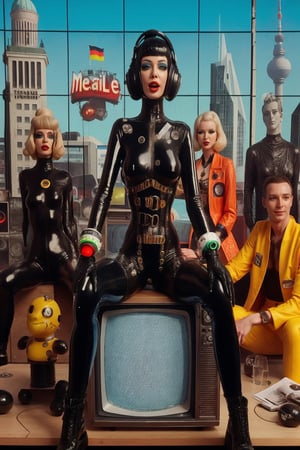 berlin megacity retro-futuristic  host for strange talk show with various guests on television,she is wearing bizarre obscure wholebodyrubbersuitwithaccessories  fashion photo shoot