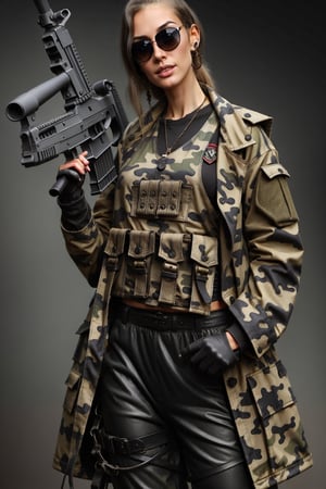 woman wearing camouflage vest,jacket and pants and stylish sunglasses and black boots. she is wielding a m4a1 assault rifle. do the clothing canvas and details with ultra good quality. do her anatomy correct,correct eyes,correct mouth. do facial details with ultra good quality. do the weapon details close to real one as good as possible