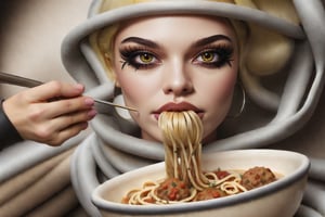 blonde woman strange space clothes  buubarella fashion photo shoot bigbazookas eating spaghetti and meatballs. fix eyes,fix mouth,fix any anatomy errors. Create the facial details and nuances with extreme good quality,create the clothing and accessories details with ultra good details. Create the background and foreground details and nuances with hyper good quality. Use the colors as much as possible wide range with vivid and glossy style. make the whole picture with super good detailed foto realistic quality.