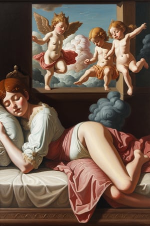 painting of a reneissance era woman sleeping on divan and cherubs are caught on her massive fart cloud feeling nauseous