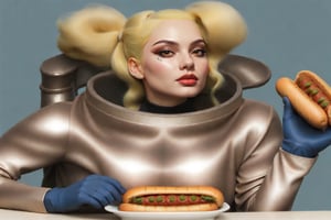 blonde woman strange space clothes  buubarella fashion photo shoot bigbazookas eating hotdogs. fix eyes,fix mouth,fix any anatomy errors. Create the facial details and nuances with extreme good quality,create the clothing and accessories details with ultra good details. Create the background and foreground details and nuances with hyper good quality. Use the colors as much as possible wide range with vivid and glossy style. make the whole picture with super good detailed foto realistic quality.