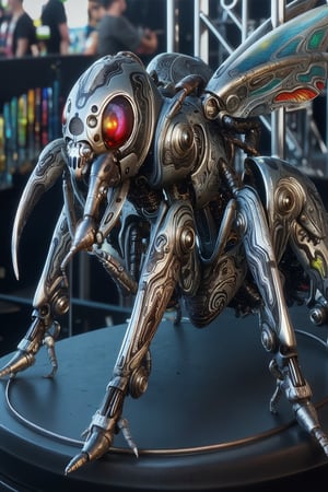 metallic cybernetic insect with killer paintjob on display