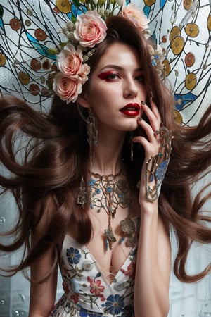 a woman wearing floral dress and long hair open,rubber and rubber like materials,stained glass,metal links and pieces,fashion photo shoot fantasy queen