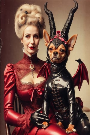 madam goobash and and her demonic chihuahua wearing the latest and greates of fashion in wholebodyrubbersuit girls night out 1800´s vintage add