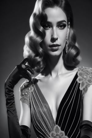portrait of a 1940´s hollywood era glamour model wearing stylish evening gown that is colored half black and half white plus silver outlines fashion photoshoot