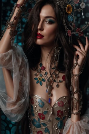 a woman wearing floral dress and long hair open,rubber and rubber like materials,stained glass,metal links and pieces,fashion photo shoot fantasy queen