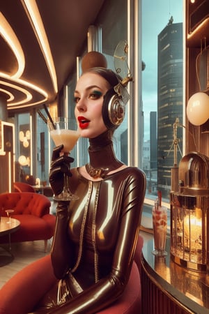 berlin megacity retro-futuristic with styles of jugend and art deco a living room woman enjoying a delicious coctail in stylish surroundings with state of the art furnitures and lights,she is wearing bizarre obscure wholebodyrubbersuitwithaccessories fashion photo shoot