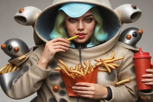 blonde woman strange space clothes  buubarella fashion photo shoot bigbazookas eating french fries. fix eyes,fix mouth,fix any anatomy errors. Create the facial details and nuances with extreme good quality,create the clothing and accessories details with ultra good details. Create the background and foreground details and nuances with hyper good quality. Use the colors as much as possible wide range with vivid and glossy style. make the whole picture with super good detailed foto realistic quality.