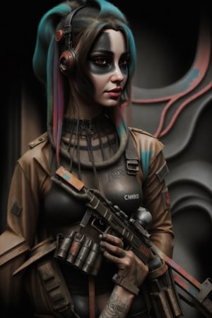 inkpaint with color woman a cyberpunk futuristic brutal special forces commando fashion photo shoot. draw the picture close to the original as much as possible. cyberpunk vibes. vivid colors. very detailed drawing.