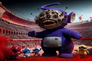 monstrous teletubby slaughtering smurfs and minions on roman arena