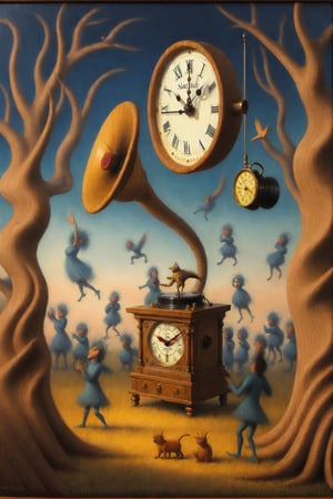 strange oilpainting where a clock is on the sky and gramophone on the ground creatures dancing