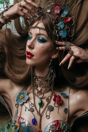 a woman wearing floral dress and long hair open,rubber and rubber like materials,stained glass,metal links and pieces,fashion photo shoot fantasy queen