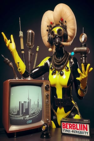 berlin megacity retro-futuristic  host for strange talk show with various guests on television,she is wearing bizarre obscure wholebodyrubbersuitwithaccessories  fashion photo shoot