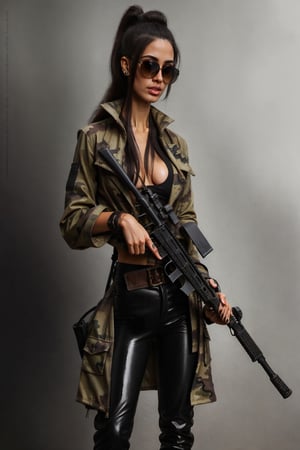 woman wearing camouflage vest,jacket and pants and stylish sunglasses and black boots. she is wielding a m4a1 assault rifle. do the clothing canvas and details with ultra good quality. do her anatomy correct,correct eyes,correct mouth. do facial details with ultra good quality. do the weapon details close to real one as good as possible