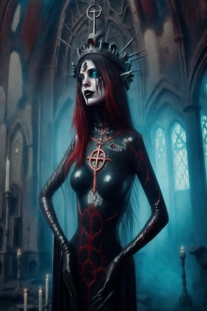 aeon old strange cathedral with occult signs and paintings sinister atmosphere surrounding the area with creepy slithering mist and eerie light a woman wearing black red ice blue and repulsive green wholebodyrubbersuitofaancient priestes with entwined dark metal crown fashion photo shoot becoming lich queen