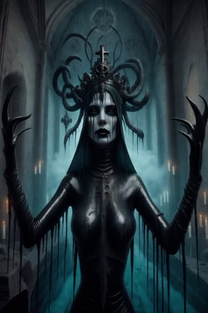 aeon old strange cathedral with occult signs and paintings sinister atmosphere surrounding the area with creepy slithering mist and eerie light a woman wearing black red ice blue and repulsive green wholebodyrubbersuitofaancient priestes with entwined dark metal crown fashion photo shoot becoming lich queen