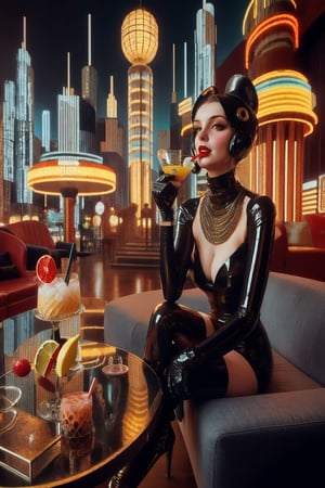 berlin megacity retro-futuristic with styles of jugend and art deco a living room woman enjoying a delicious coctail in stylish surroundings with state of the art furnitures and lights,she is wearing bizarre obscure wholebodyrubbersuitwithaccessories fashion photo shoot