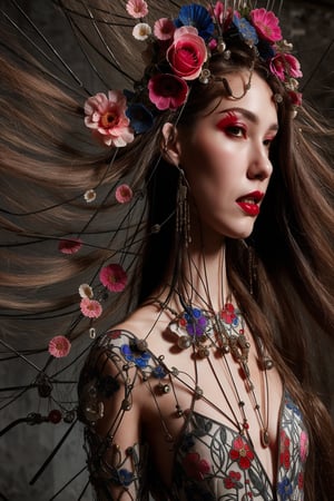 a woman wearing floral dress and long hair open,rubber and rubber like materials,stained glass,metal links and pieces,fashion photo shoot fantasy queen