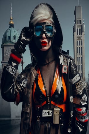 berlin megacity retro-futuristic  gangster ,she is wearing bizarre obscure wholebodyrubbersuitwithaccessories  fashion photo shoot