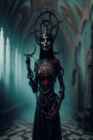 aeon old strange cathedral with occult signs and paintings sinister atmosphere surrounding the area with creepy slithering mist and eerie light a woman wearing black red ice blue and repulsive green wholebodyrubbersuitofaancient priestes with entwined dark metal crown fashion photo shoot becoming lich queen