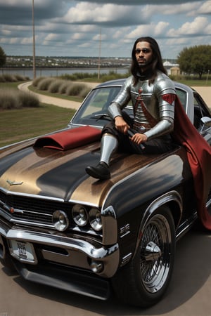 Medieval king riding a american musclecar that has wicked paintjob and lots of chrome