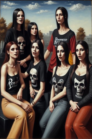 painting of a reneissance era woman and friends wearing death metal band shirts