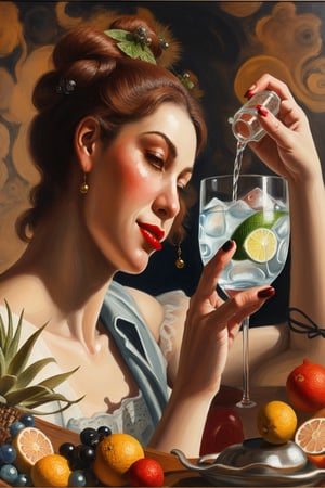 painting of a reneissance era woman drinking gin and tonic