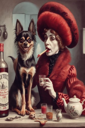 madam goobash and and her demonic chihuahua wearing the latest and greates of fashion in wholebodyrubbersuit victorian era  spicy and juicy 1800´s vintage add