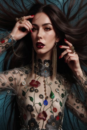 a woman wearing floral dress and long hair open,rubber and rubber like materials,stained glass,metal links and pieces,fashion photo shoot fantasy queen