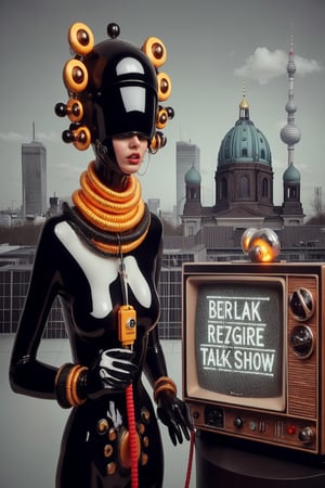 berlin megacity retro-futuristic  host for strange talk show with various guests on television,she is wearing bizarre obscure wholebodyrubbersuitwithaccessories  fashion photo shoot