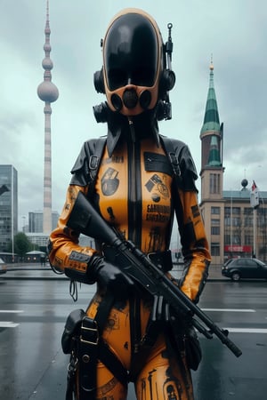 berlin megacity retro-futuristic  gangster ,she is wearing bizarre obscure wholebodyrubbersuitwithaccessories  fashion photo shoot