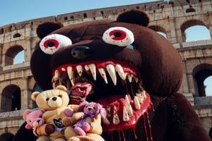 monstrous teddybear eating small teddybears in roman colosseum