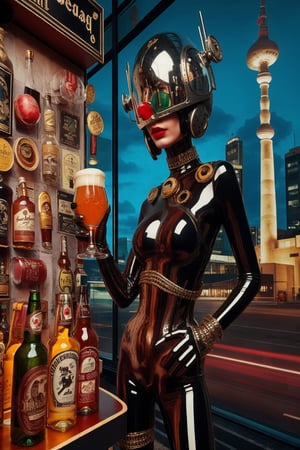 berlin megacity retro-futuristic and a strange aeon bar beer wine and fine whiskeys and coctails,she is wearing bizarre obscure wholebodyrubbersuitwithaccessories  fashion photo shoot