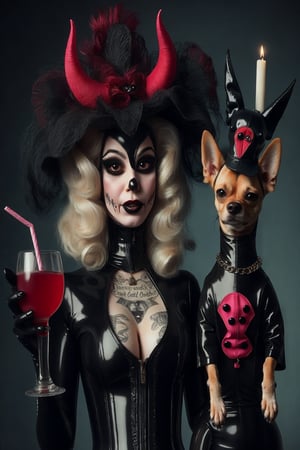 madam goobash and and her demonic chihuahua wearing the latest and greates of fashion in wholebodyrubbersuit girls night out 1800´s vintage add