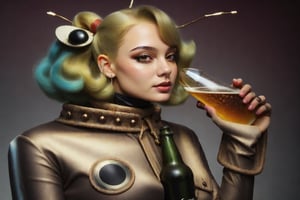 blonde woman strange space clothes  buubarella fashion photo shoot bigbazookas drinking beer. fix eyes,fix mouth,fix any anatomy errors. Create the facial details and nuances with extreme good quality,create the clothing and accessories details with ultra good details. Create the background and foreground details and nuances with hyper good quality. Use the colors as much as possible wide range with vivid and glossy style. make the whole picture with super good detailed foto realistic quality.