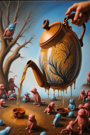 strange oilpainting where teapot pours liquid to the ground and creates life