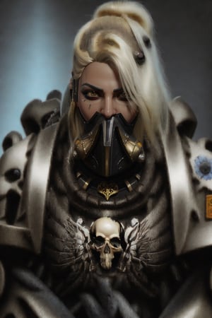 blonde woman spacemarine ultra brutal special forces with bulk armor skull insignia neuromancer neuralsystem 2000 equipped photo shoot. Imitate the original artwork as much as possible. vibrant colors. dark futuristic feeling.