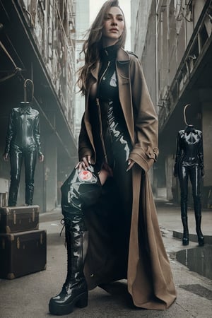 woman wearing ww2 greatcoat and combat boots she also wearing obscurerubbersuitcorset colored white black red gold silver or mixture of all of them.  futuristic urban techno atmosphere venus juicy curveous with retro futuristic touch  fashion photo shoot what year is it now. facial quality and details done with hyper good quality. clothes quality done with ultra good quality. background and foreground scenery details done with super good quality.,beautiful,fashion. fingering vagina untill orgasm,fashion,model,woman,sexy