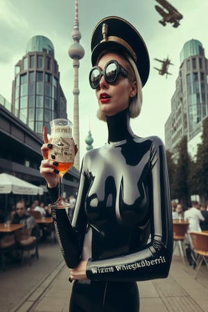 berlin megacity retro-futuristic and a strange aeon bar beer wine and fine whiskeys and coctails,she is wearing bizarre obscure wholebodyrubbersuitwithaccessories  fashion photo shoot