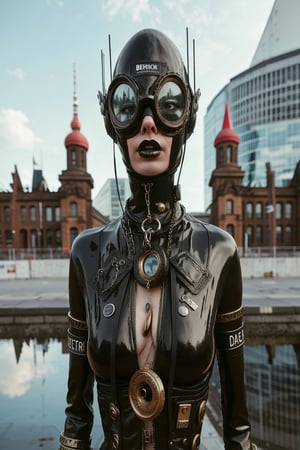 berlin megacity retro-futuristic  gangster ,she is wearing bizarre obscure wholebodyrubbersuitwithaccessories  fashion photo shoot