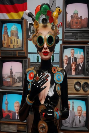 berlin megacity retro-futuristic  host for strange talk show with various guests on television,she is wearing bizarre obscure wholebodyrubbersuitwithaccessories  fashion photo shoot