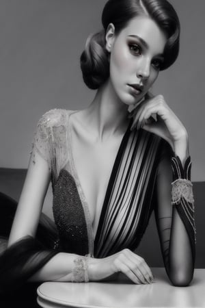 portrait of a 1940´s hollywood era glamour model wearing stylish evening gown that is colored half black and half white plus silver outlines fashion photoshoot