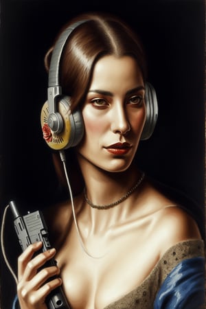 painting of a reneissance era woman listening to guns and roses