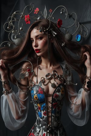 a woman wearing floral dress and long hair open,rubber and rubber like materials,stained glass,metal links and pieces,fashion photo shoot fantasy queen