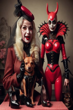 madam goobash and and her demonic chihuahua wearing the latest and greates of fashion in wholebodyrubbersuit girls night out 1800´s vintage add