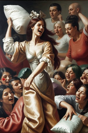 painting of a reneissance era woman pillow fight