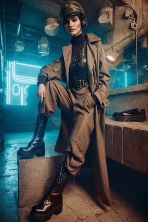 woman wearing ww2 greatcoat and combat boots she also wearing obscurerubbersuitcorset colored white black red gold silver or mixture of all of them.  futuristic urban techno atmosphere venus juicy curveous with retro futuristic touch  fashion photo shoot what year is it now. facial quality and details done with hyper good quality. clothes quality done with ultra good quality. background and foreground scenery details done with super good quality.