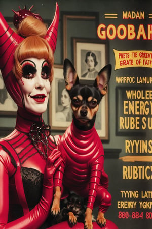 madam goobash and and her demonic chihuahua wearing the latest and greates of fashion in wholebodyrubbersuit girls night out 1800´s vintage add